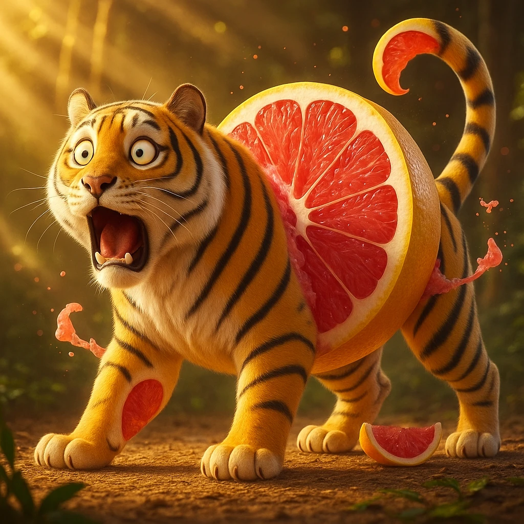 Edit the tiger's face to have a surprised expression while keeping the image quality and style consistent with the original. emoji