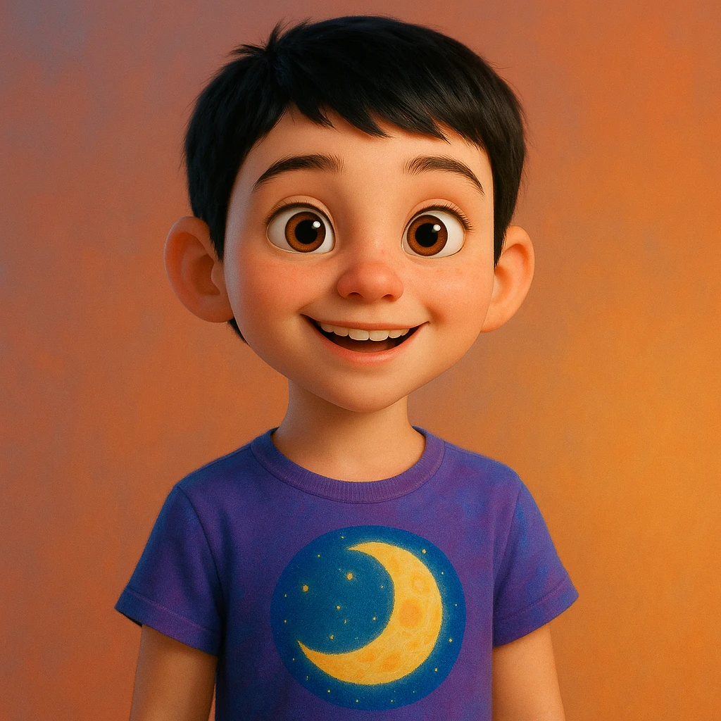 Pixar style young girl with very short black hair, white skin, wearing a t-shirt with a moon design emoji