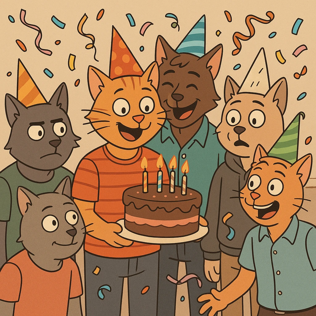 six male cats at a birthday party, confetti, streamers, each cat with a different expression, fun and lively, cartoon style emoji