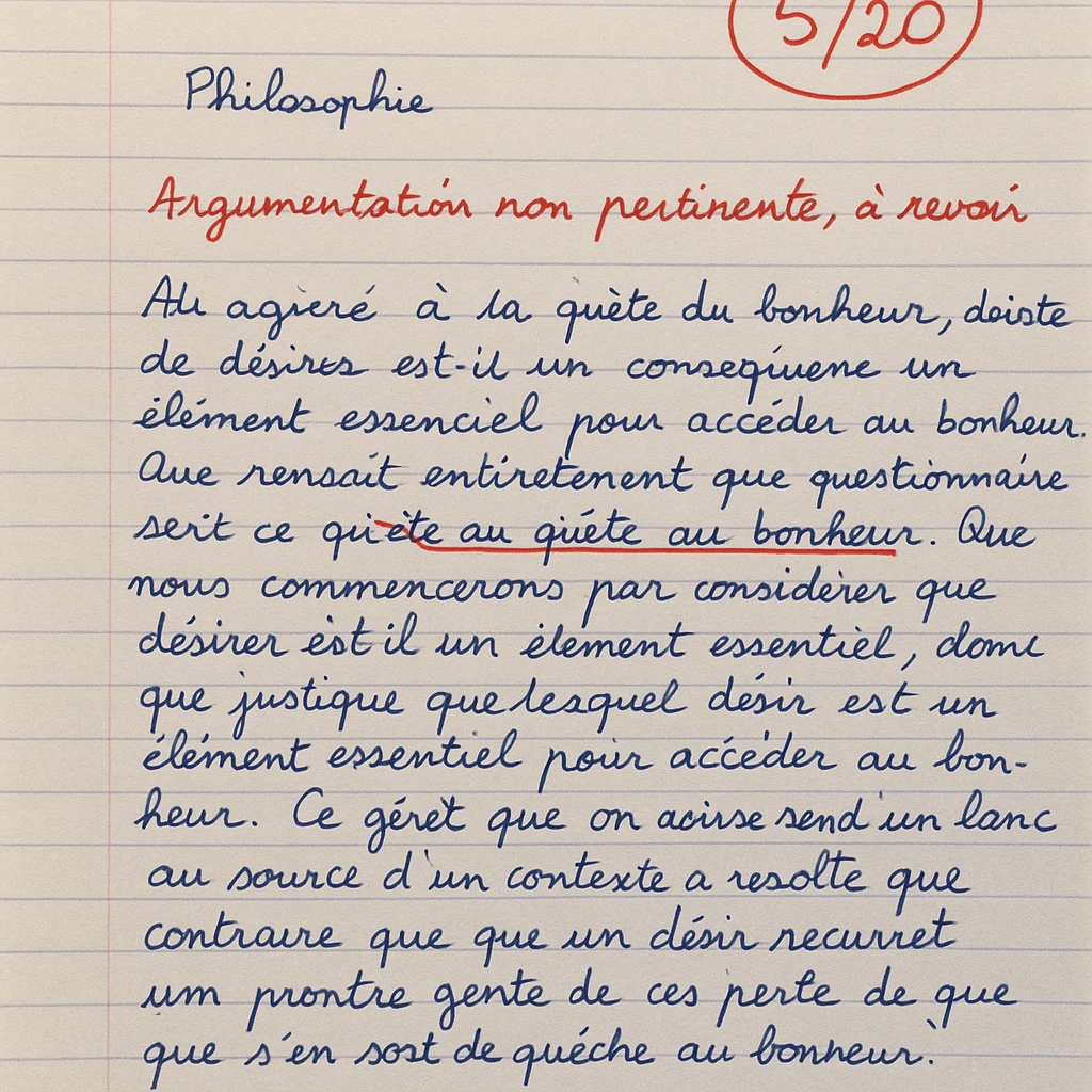 handwritten high school philosophy paper in French on lined notebook paper, blue or black ink, grade 5/20 circled in red at the top, teacher's comment in French: 'Argumentation non pertinente, à revoir' in red pen, some corrections and underlines emoji