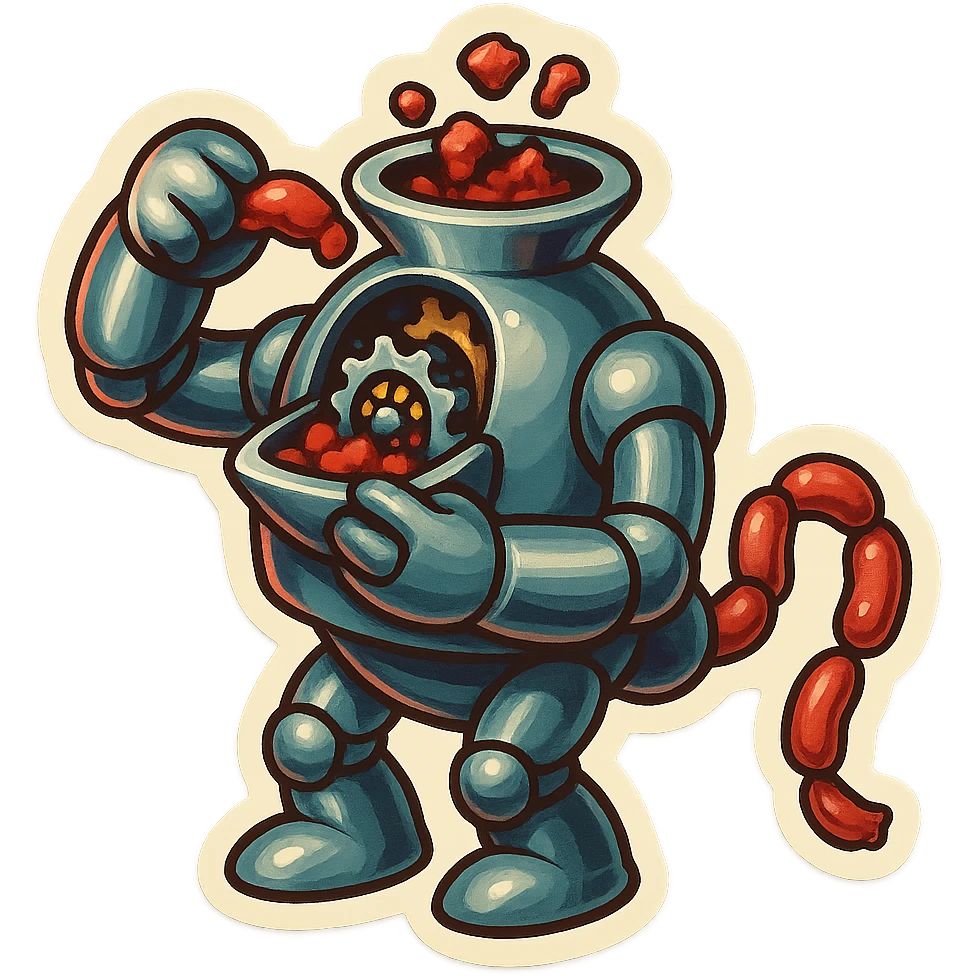 hovering robot. stuffs material into large hole on its top with arms. hole is where neck and head would be. spinning gears and blades  grind red chunks. sausage links come our of hole on backside.  3/4 view. between realism and cartoon. well lit. no dramatic lighting. metallic robot. works diligently. dark humor emoji