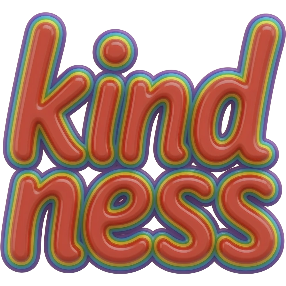 name "kindness" in red, 3D style typography lettering, each color of the rainbow as a border outlined around each letter, isolated, 3d rendering, no emoji icons no emoji faces and must have no human figures emoji