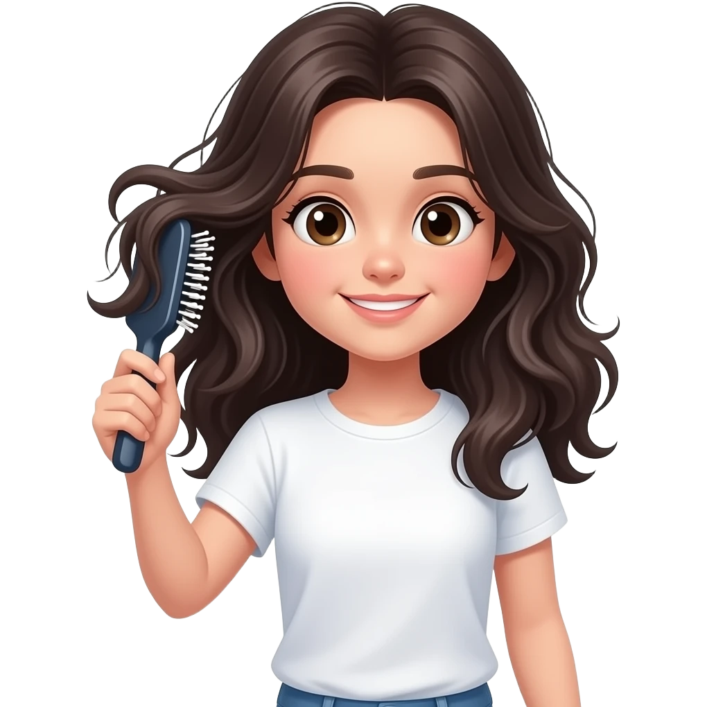 emoji estilo apple de una chica morena cepillandose el pelo con el cepillo d ela foto y que se vea mitas del pelo desenredado o la otra mitad enredado, camiseta blanca el cepilo con el que acabas de crear emoji