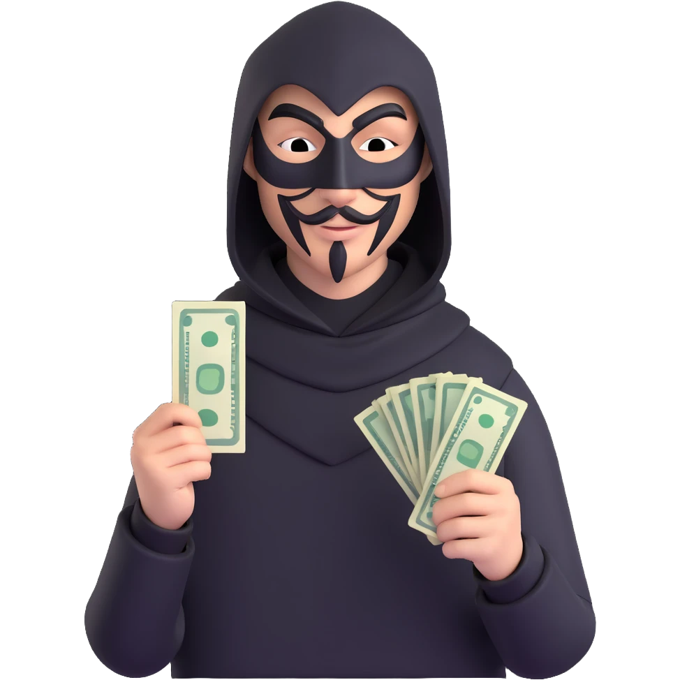 A man in black clothes with an Anonymous mask, holding money, ember text emoji