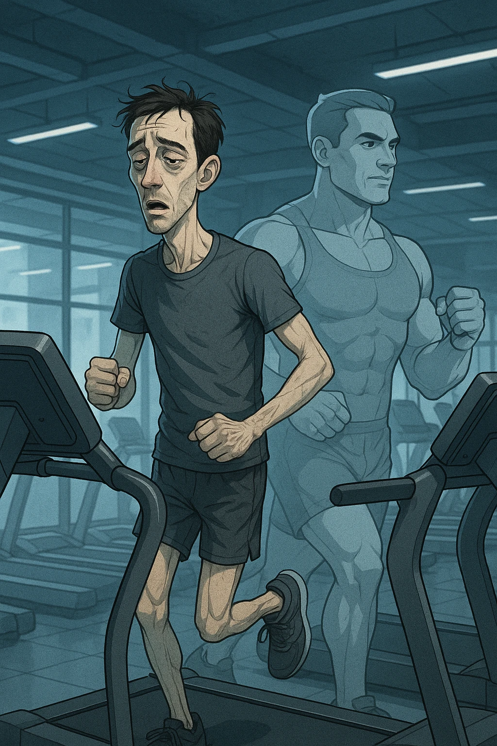Uomo magro e affaticato che corre su tapis roulant in una palestra. I muscoli delle braccia e delle gambe appaiono ridotti e svuotati, come se stesse perdendo massa muscolare. Espressione stanca sul volto, con accanto una figura trasparente di sé stesso più muscolosa a confronto. Luci fredde e atmosfera di sovrallenamento. in italiano emoji