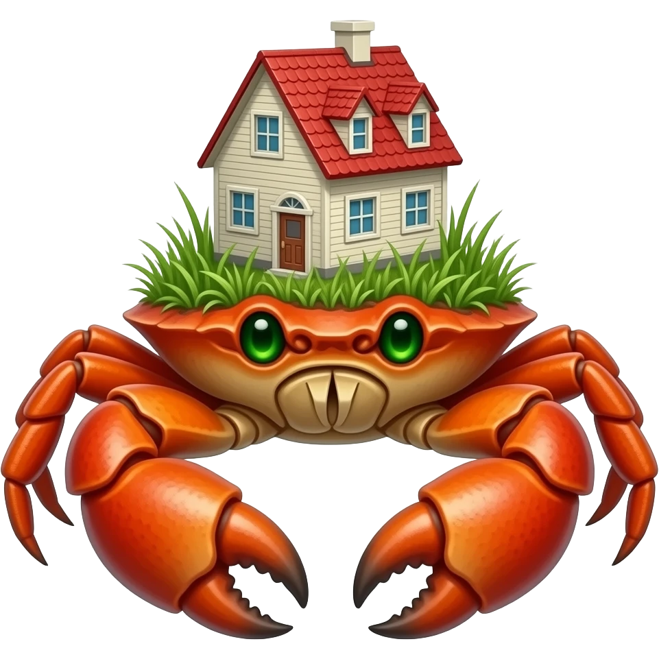 A crab with grass on it and also with green growing eyes and with at your house on its back emoji