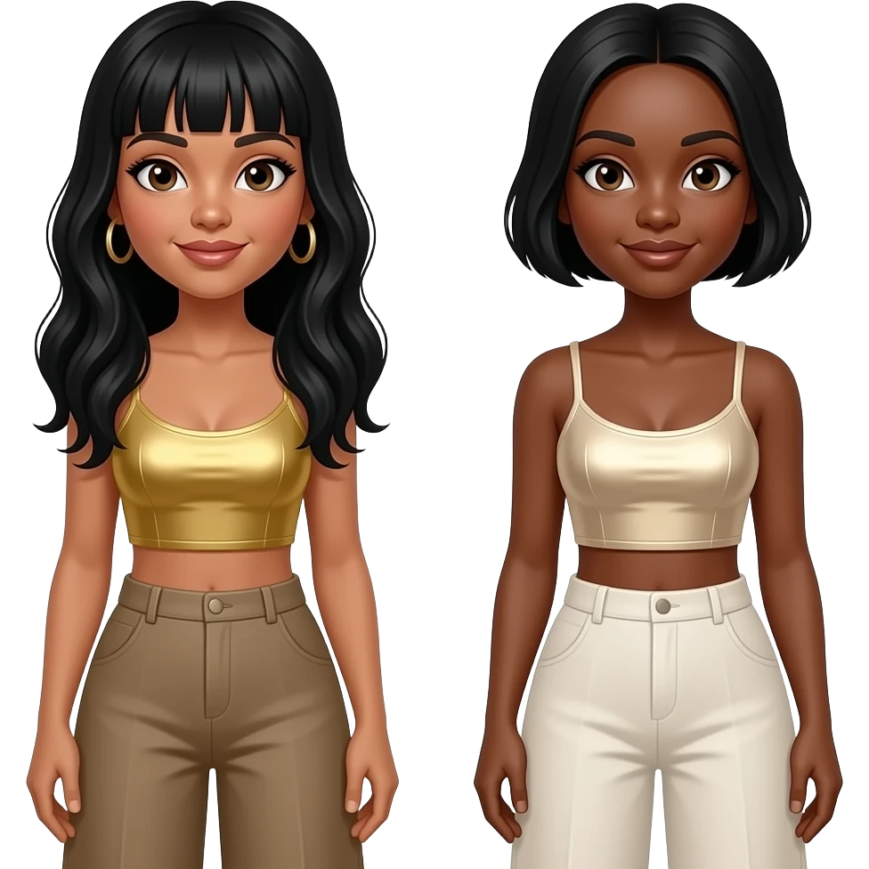 Destiny's Child with LeToya with long black hair with bang, gold crop top and wide leg pants, Kelly with brown skin and eyes short black hair, ivory metallic crop top and wide leg pants emoji