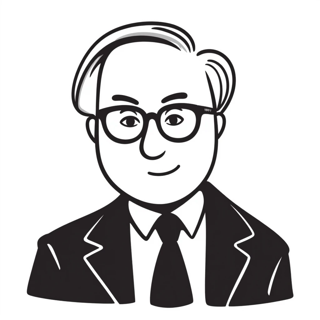 hand-drawn doodle style portrait of Warren Buffett, glasses, suit emoji