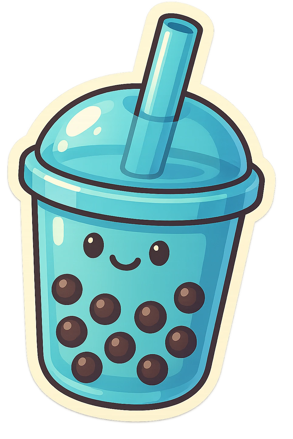 cute pastel blue bubble tea cup with a straw, soft rounded friendly cup, expressive shadows and highlights, playful charming vibe, retro sticker style emoji