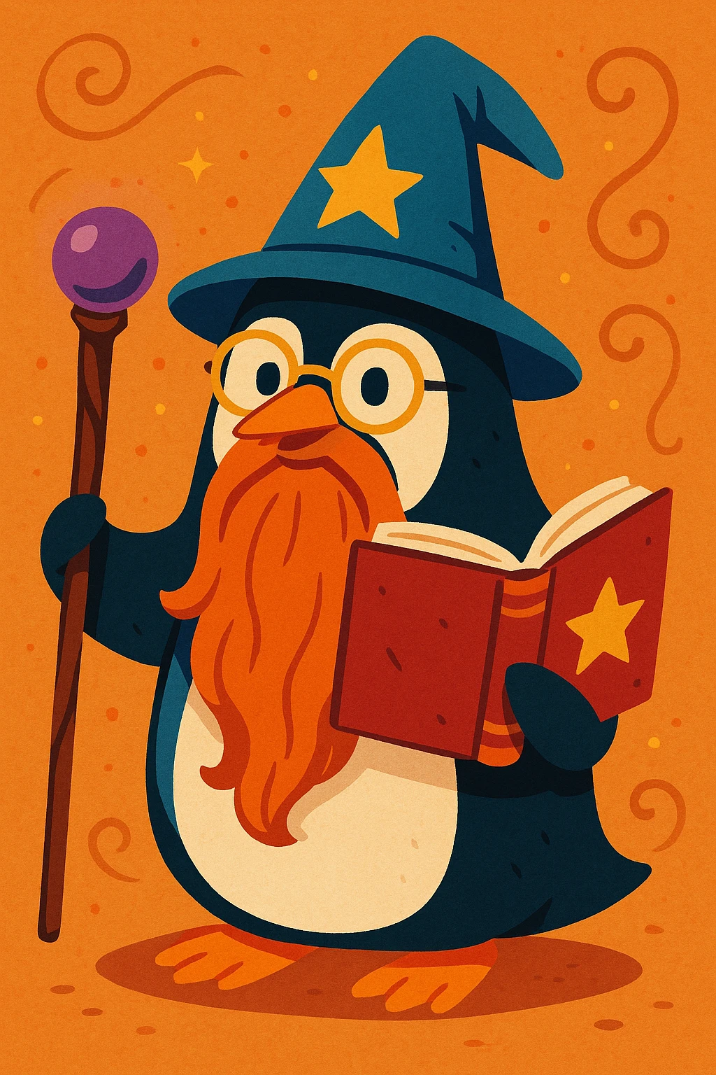 a penguin wizard with glasses, a long beard, and a spellbook, in a playful, storybook style, vibrant toon emoji