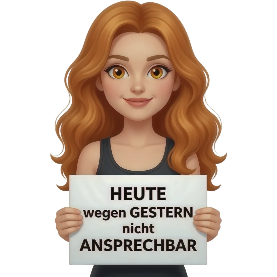 sexy girl with long wavy ginger hair and ginger eyes wearing a black tanktop is holding a white colored sign with HEUTE wegen GESTERN nicht ANSPRECHBAR written on it emoji