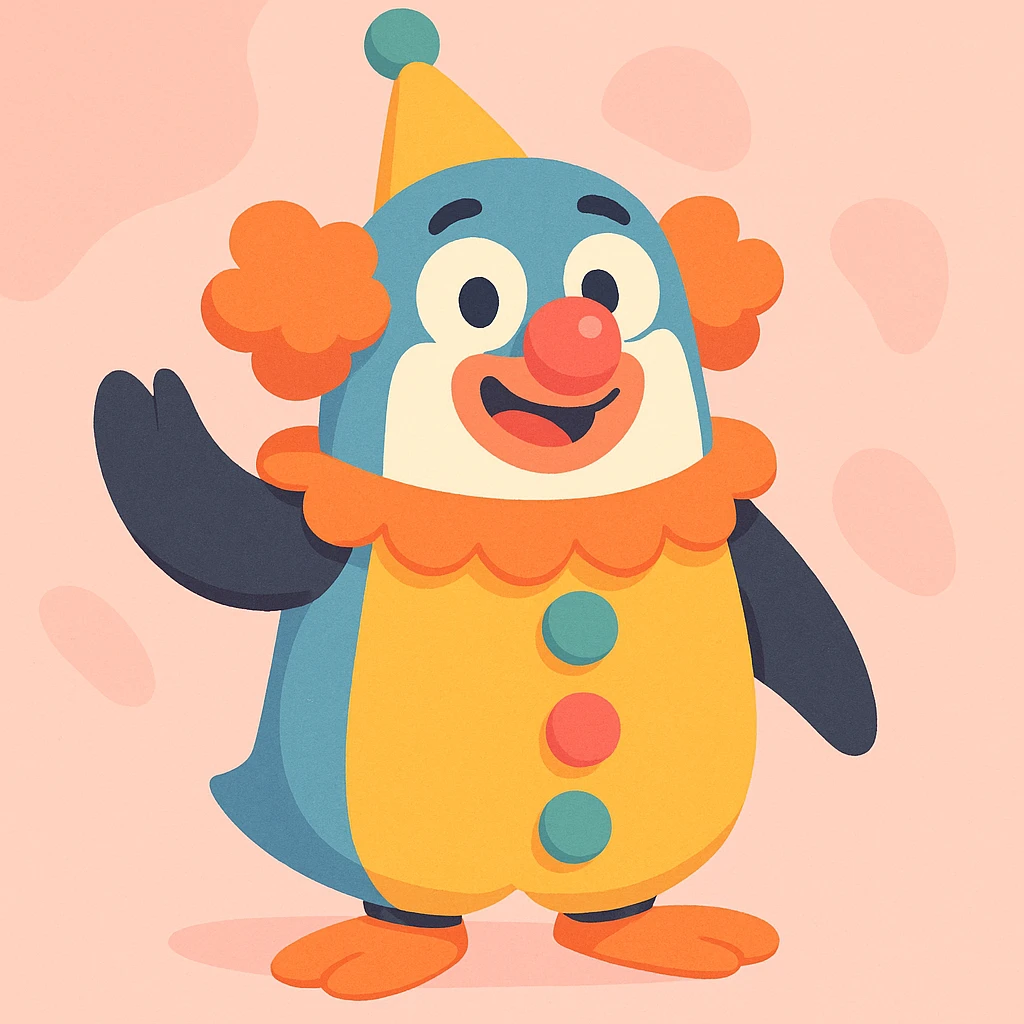 un pingouin clown, pastel toon style emoji
