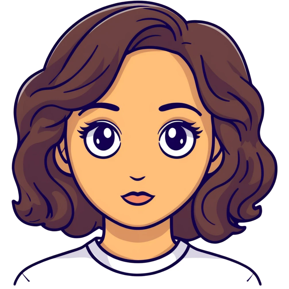 woman face with big eyes, medium skin tone, and dark wavy hair emoji