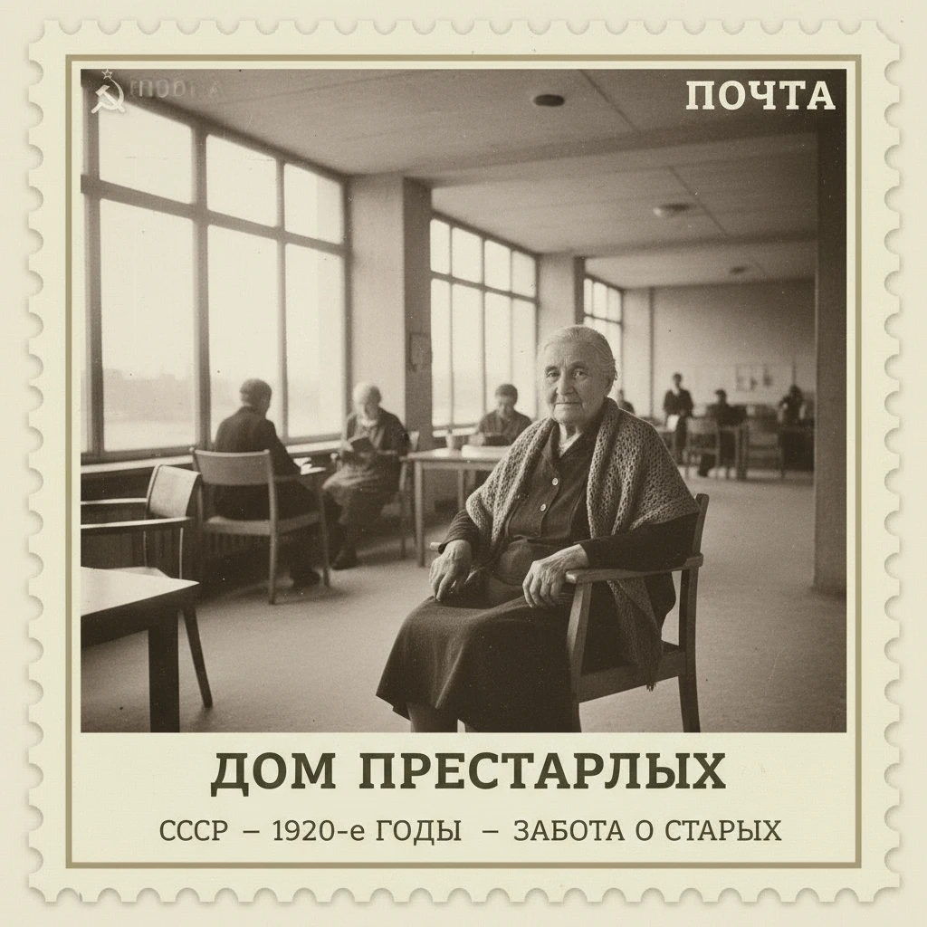 Марка на которой изображена бабушка в доме престарелых. СССР 1920-е годы.

Стиль марки такой же, как на прикрепленном фото emoji