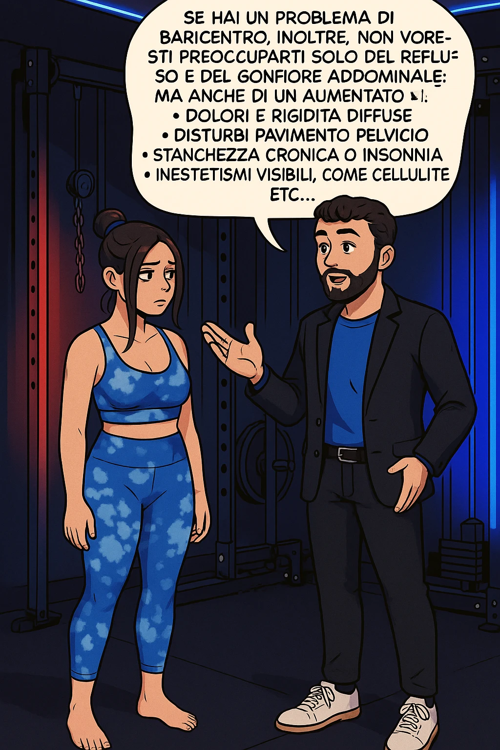TRASFORMA QUESTO CAROSELLO IN UN FUMETTO STILE WEBTOON/MANGA A COLORI CON QUESTE DUE PERSONE IDENTICHE CHE INTERLOQUISCONO TRA LORO, L'uomo sta spiegando alla donna questo concetto:

Se hai un problema di baricentro, inoltre, non dovresti preoccuparti solo del reflusso e del gonfiore addominale, ma anche di un aumentato rischio di:
    • dolori e rigidità diffuse
    • disturbi pavimento pelvico
    • stanchezza cronica o insonnia
    • inestetismi visibili, come celluluite
    • etc… emoji