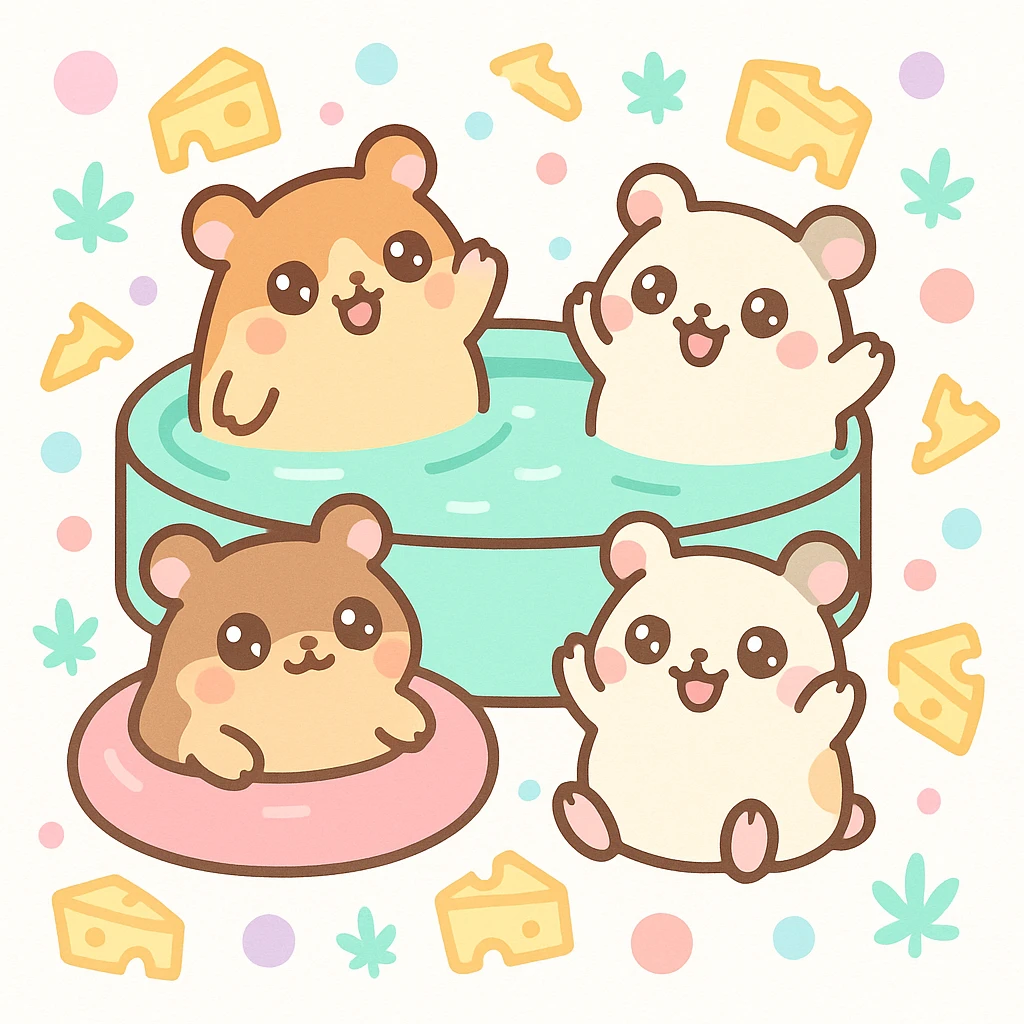 square Discord server icon, playful pool party scene with hamsters, weed leaves, cheese, THC theme, no disco ball, kawaii style, nostalgic, fun, inviting, summer party vibe, bright colors, clear composition emoji