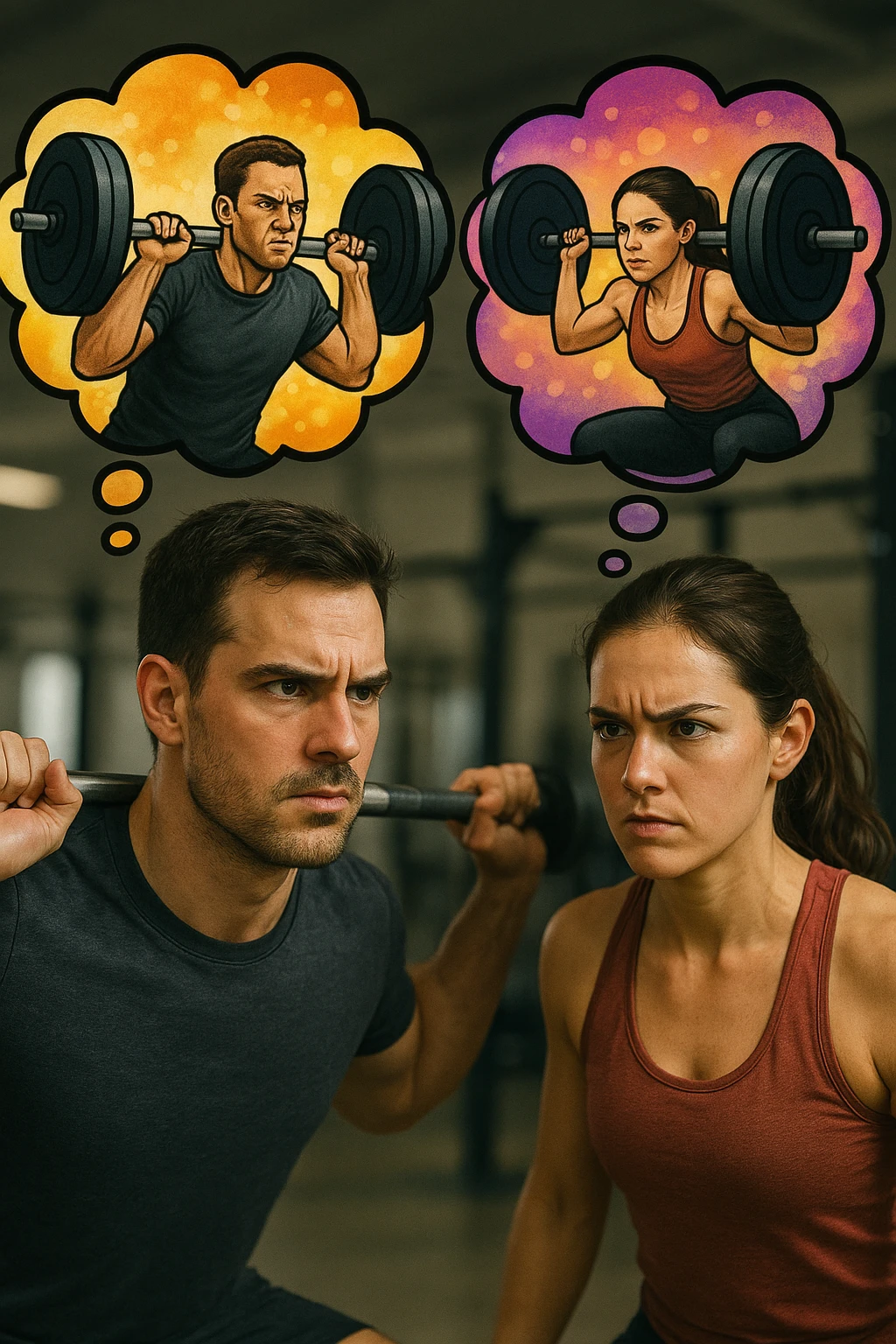 realistic style, man and woman dreaming of lifting weights, visual elements showing their imagination, 2:3 aspect ratio emoji
