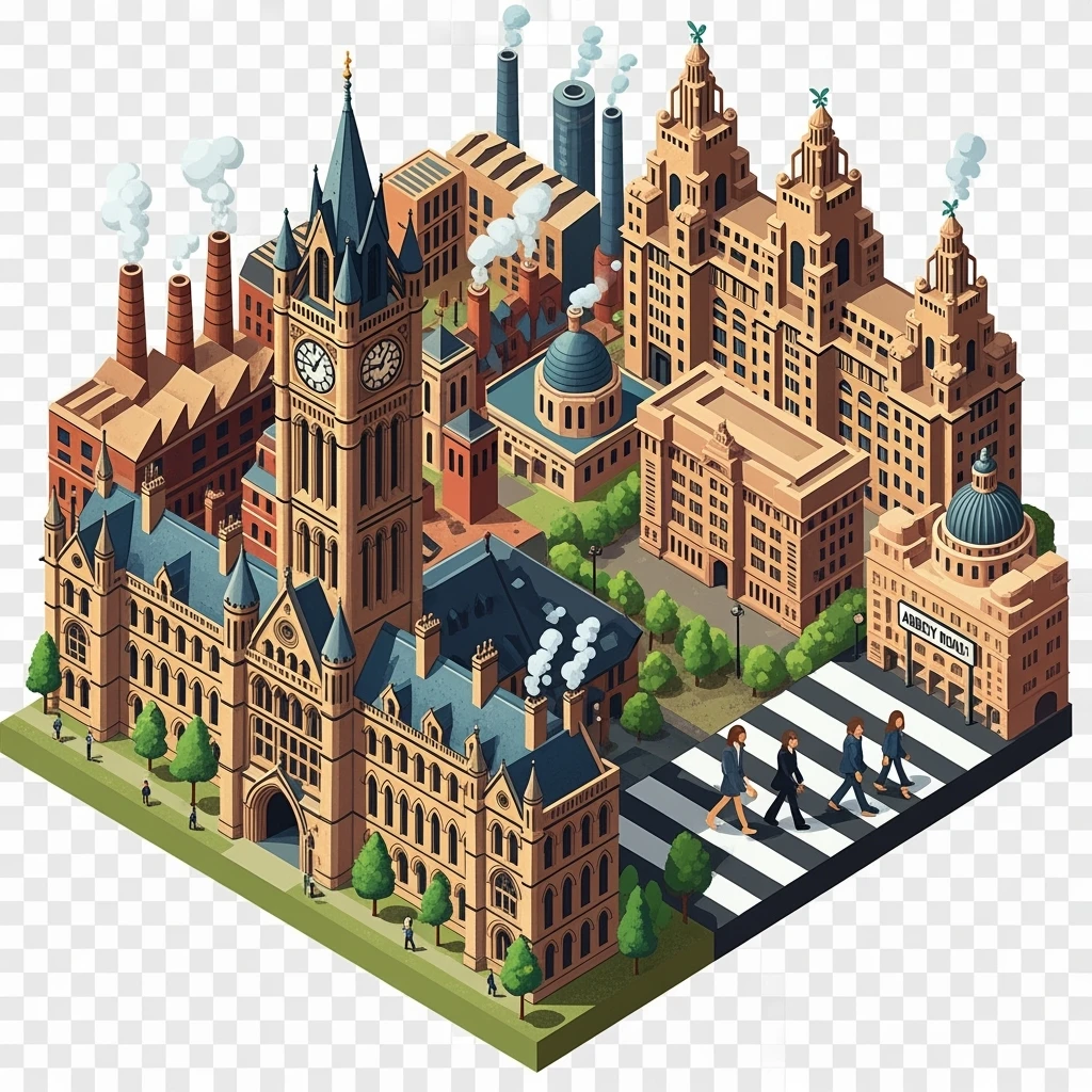 Isometric illustration of Manchester and Liverpool combined, featuring Beatles references (Abbey Road sign), Manchester Town Hall, toy-style factories, balanced between stylized painting and realistic, transparent background emoji