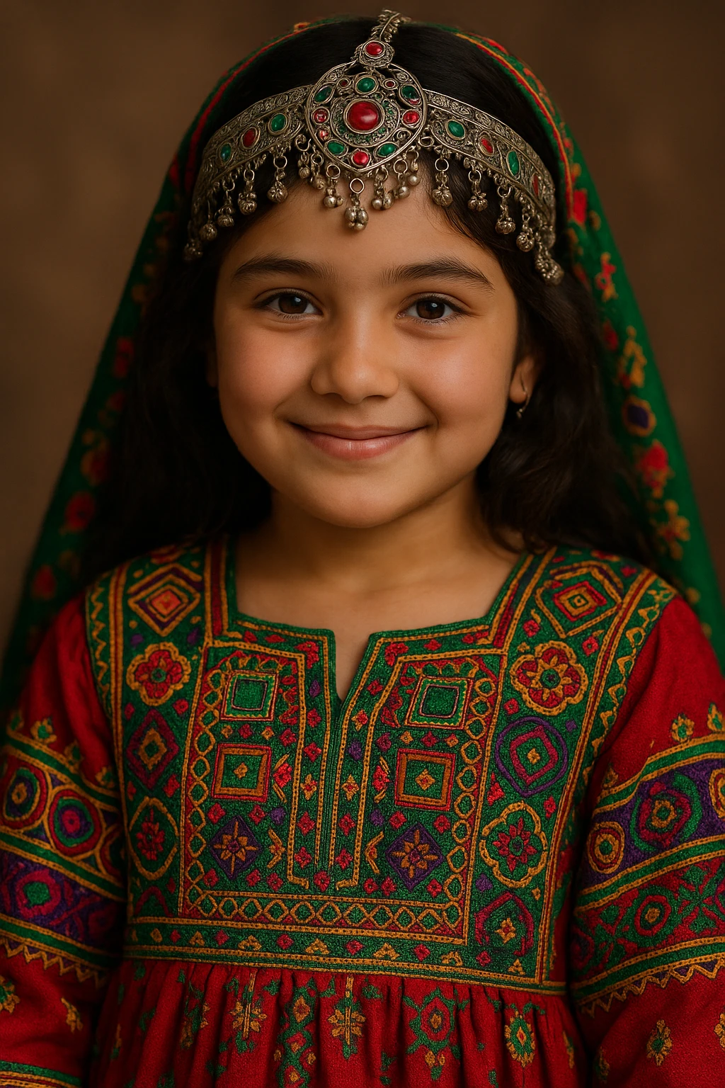a dark brown haired girl in an Afghan dress, close-up portrait, ornate headpiece, detailed embroidery, warm smile emoji