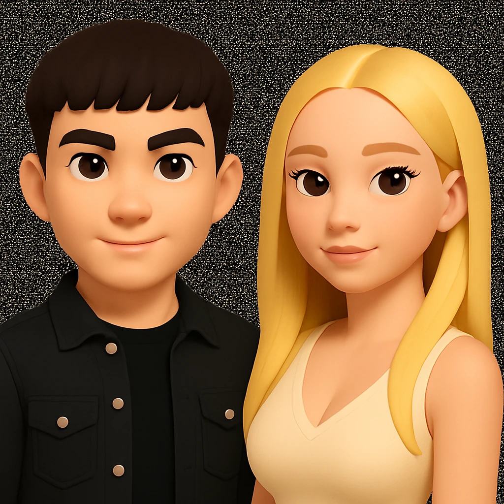 Slightly increase the volume of the upper body of the girl, separate the girl and the boy from each other, and make the skin color the same for both characters. Maintain the cartoonish 3D style in the editing. emoji
