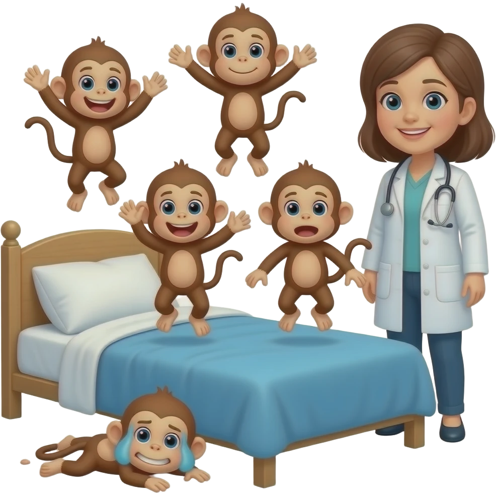 Cinco monitos saltando en la cama uno se cayó se lastimó la cabeza mamá llamada doctor y el doctor dijo no más monitos saltando en la cama emoji