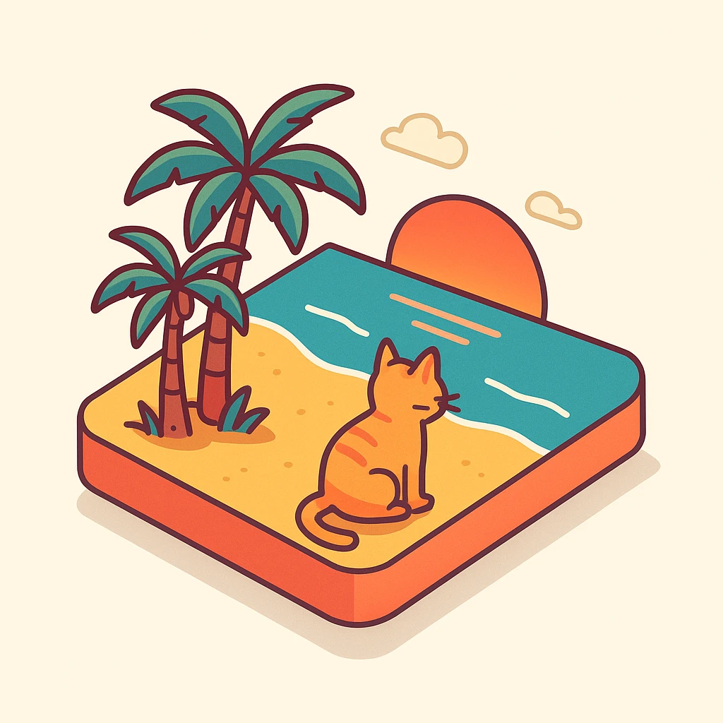 3D isometric illustration of two cats sitting on a beach at sunset with palm trees emoji