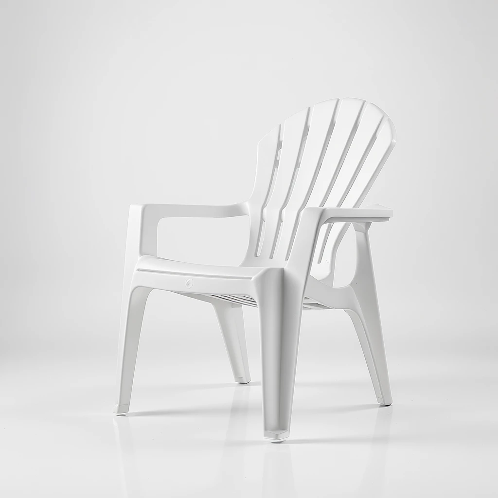 classic plastic lawn chair with arched top, five vertical slats, rounded armrests, four tubular legs, hovering above a clean studio floor, soft shadows, modern product photo style emoji