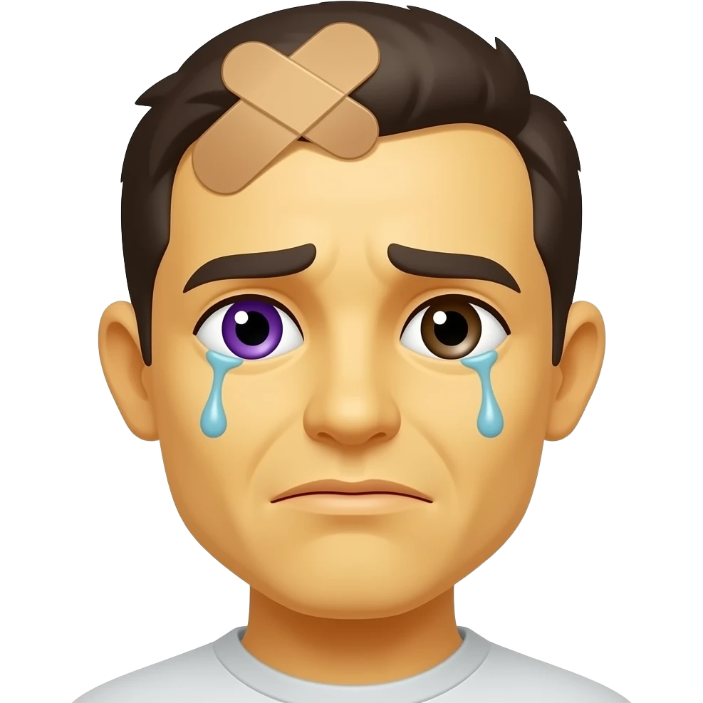 Yellow Ball Emoji With Purple Punch Eye And A Band-Aid In The Forehead About To Cry emoji