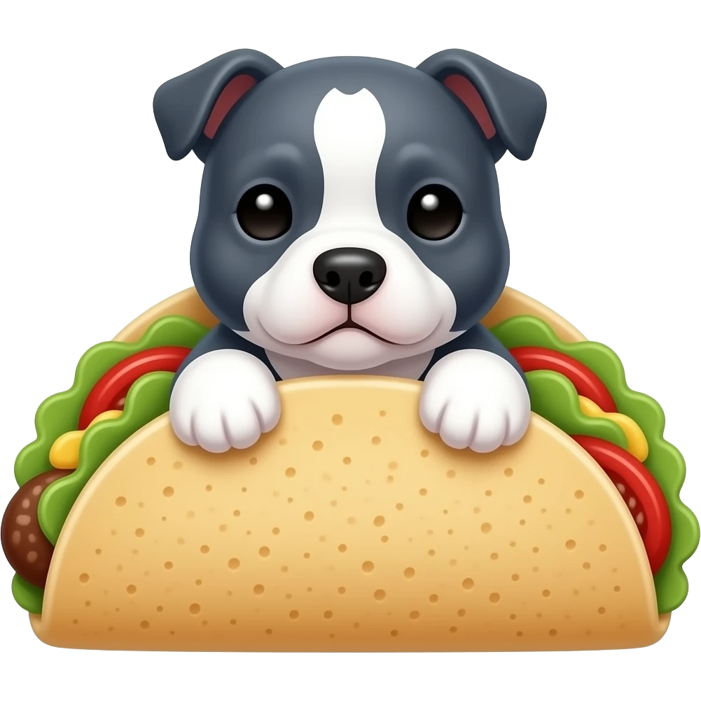 cute full dark grey blueish head, white paws, staffie puppy black eyed in a taco emoji
