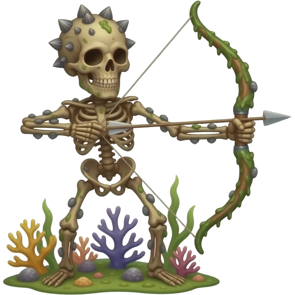 A barnacle covered brown skeleton covered with corals and seaweed holding an algae covered bow and arrow emoji