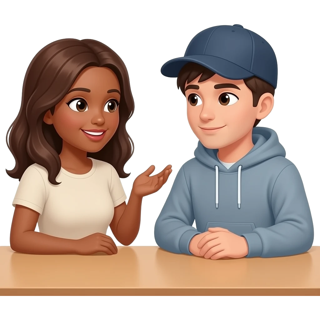 Adult woman with brown skin and brown hair talking to adult man with brown skin and dark hair, sitting at a table next to a teenager wearing a cap and a large sweatshirt emoji