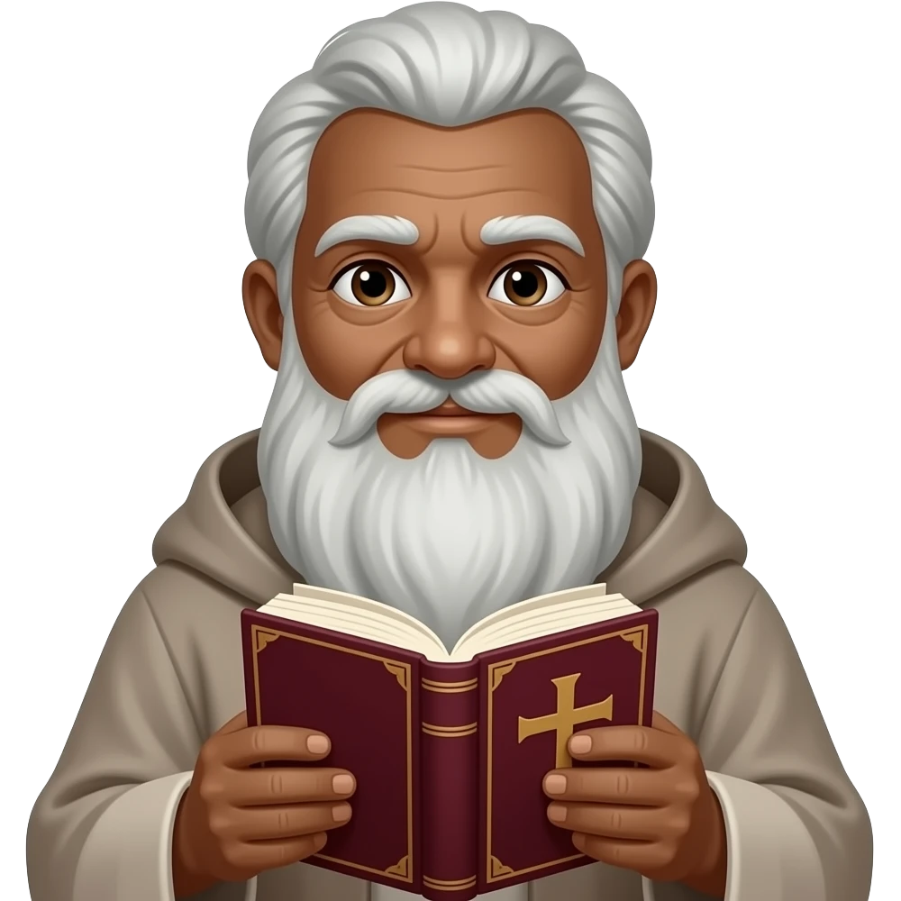wise old man with grey hair robe slight brown eyes white beard dark skin holding burgundy book that has a cross on it emoji