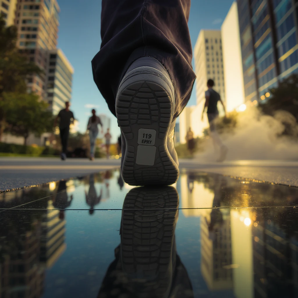 A realistic scene with a 9:16 aspect ratio, shot from a low angle as if under a glass floor, showing the sole of a dancing person's shoe with an empty sticker attached. The silhouettes of other dancing people are faintly visible in the background. emoji