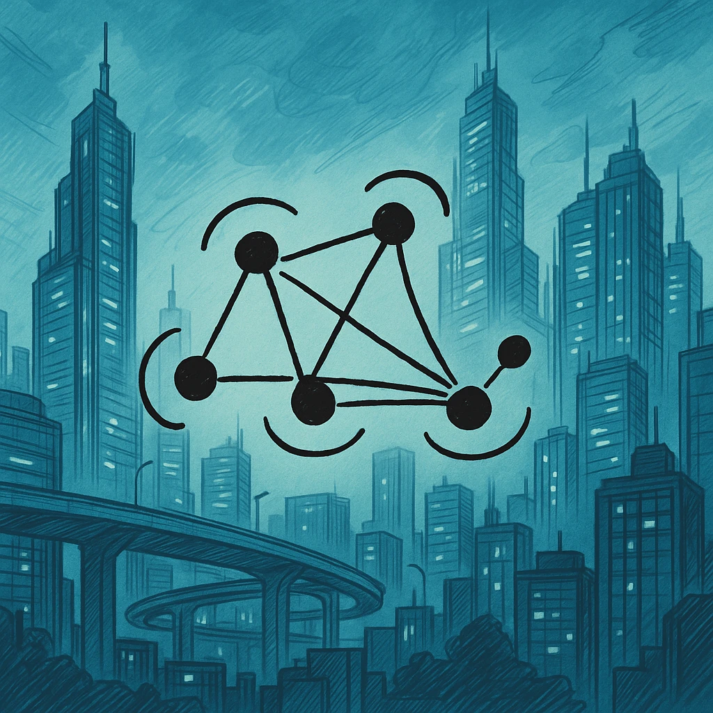 Add a futuristic city background, keep the hand-drawn neural network diagram as the main subject, maintain doodle style emoji