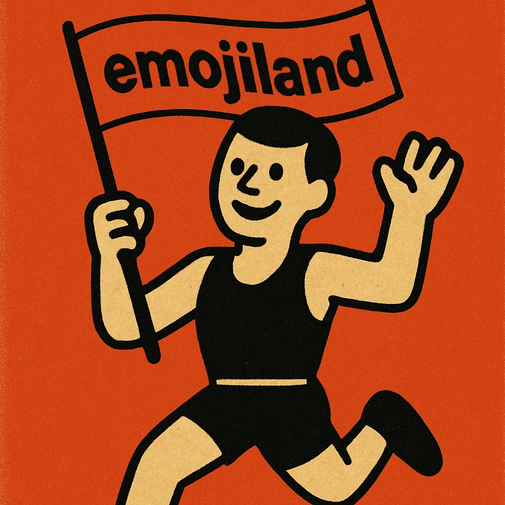 happy runner waving a flag that says 'emojiland' emoji