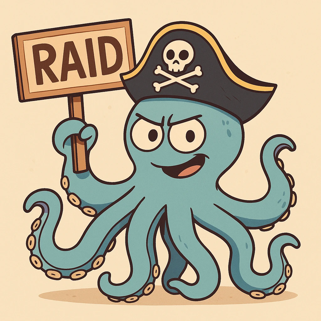 a blue octopus with a pirate hat, holding a sign that says RAID, cartoon style, playful and colorful emoji