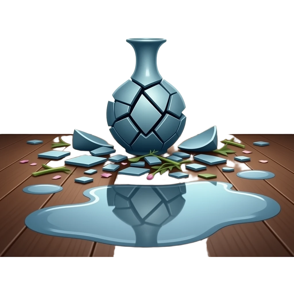 A shattered vase on the floor, broken into pieces. Flowers scattered around with petals and bent stems, water spilled creating small puddles. emoji
