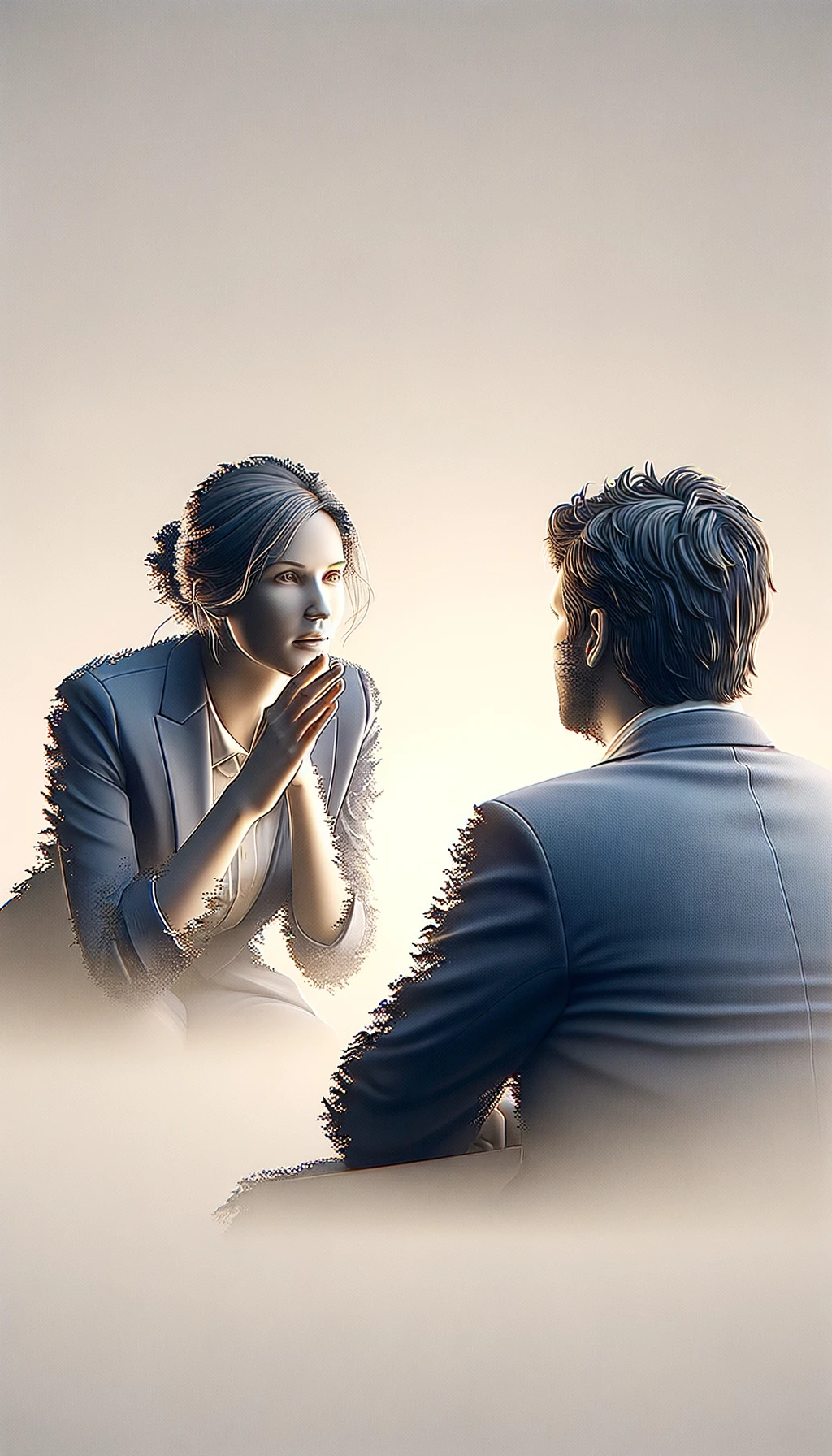 una persona parla e un altra persona di spalle lo ascolta, il significato dell'immagine è cheù dalle parole si capisce il valore della persona, immagine iperrealistica 4k, sfondo chiaro emoji