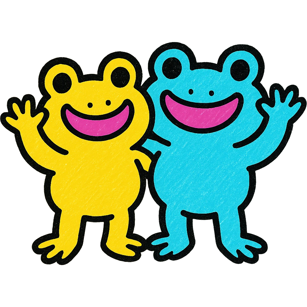 two frog friends waving, playful, vibrant colors emoji