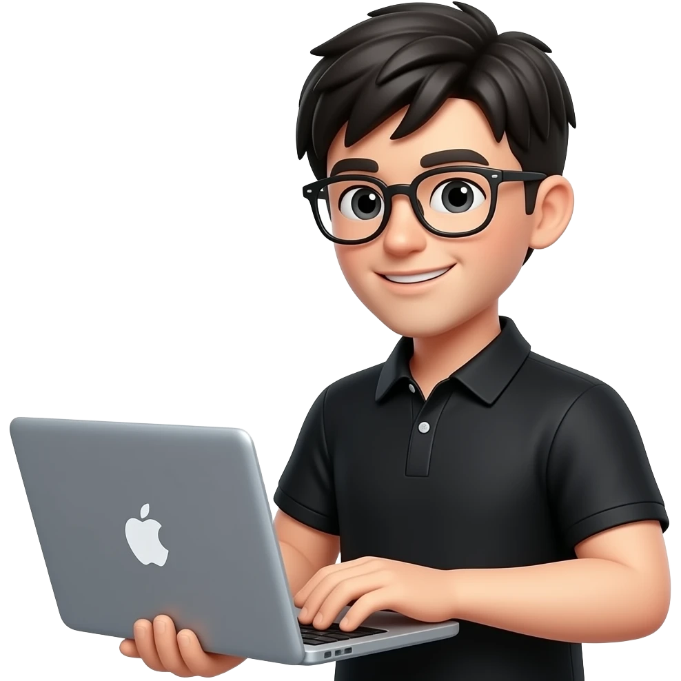 3D Apple Memoji style, 22-year-old male, same laptop pose, black polo shirt, keep original face, short black hair with fringe covering forehead, slight smile, glasses, no earrings, clean background, soft light, high detail. emoji