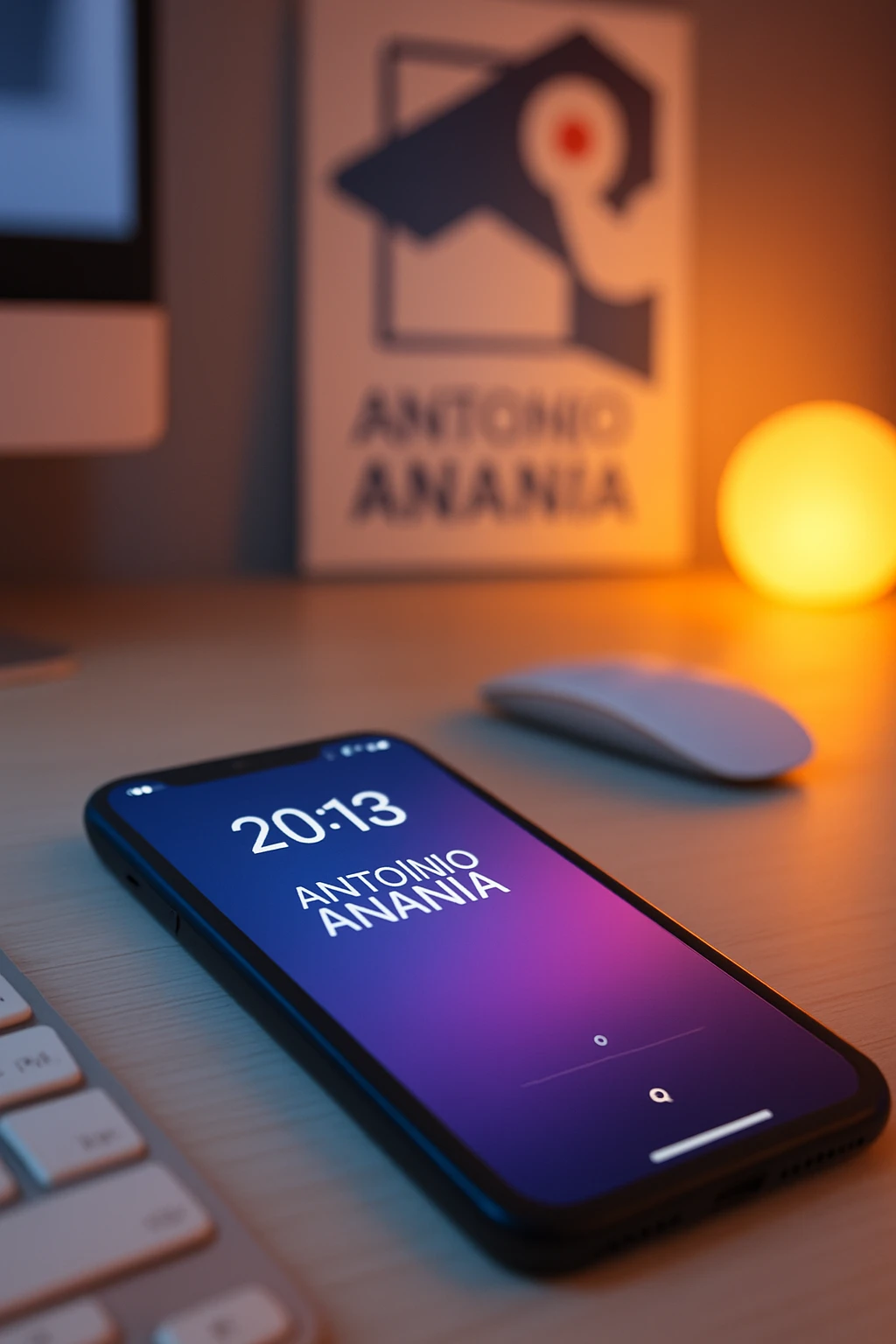 A photo of an iPhone on the desk with the message "Antonio Anania" on its screen, The phone sits atop a desk with a blurred with the logo in the background that suggests work environment. A faint glow from above casts gentle shadows across the surface of each object, creating depth and highlighting their textures emoji