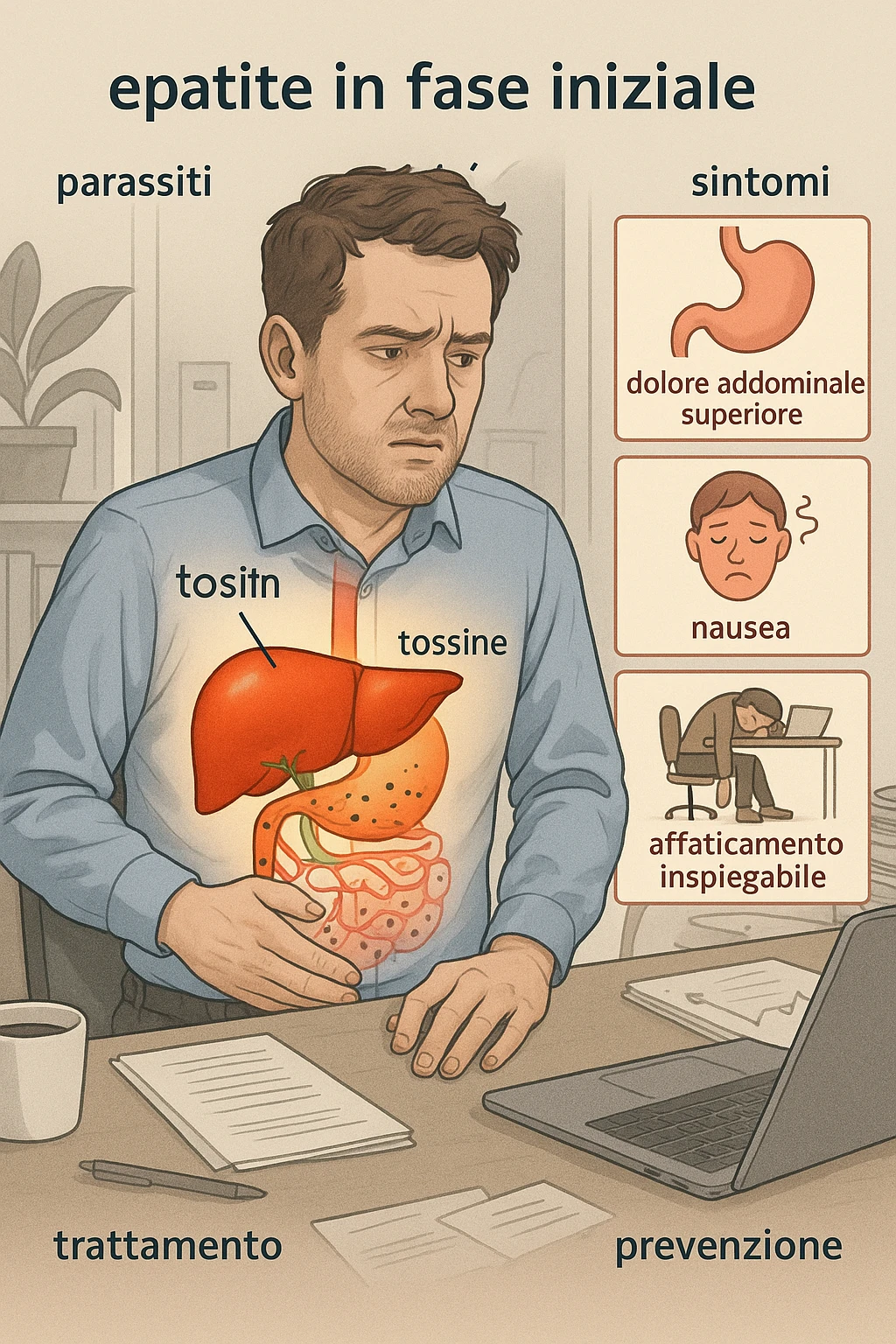 Man sitting at office desk experiencing subtle symptoms of liver dysfunction, upper abdominal pain, nausea, and unexplained fatigue Parasites: Types, Symptoms, Treatment & Prevention, expression of confusion about vague health issues, liver shown in transparent overlay with early inflammation, toxins beginning to accumulate in bloodstream, productivity declining as liver struggles to filter properly in italiano emoji