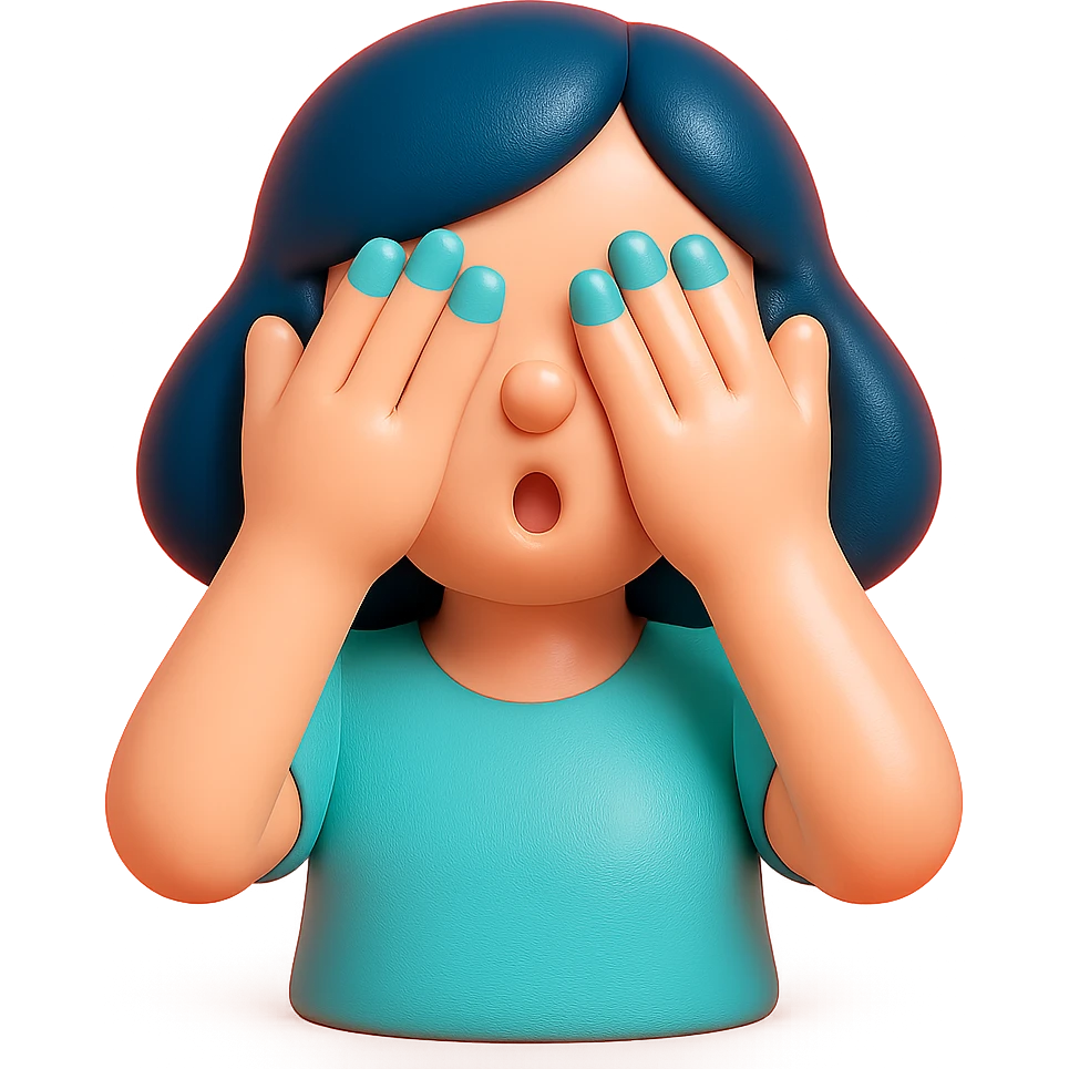 Woman with dark blue hair and blue fingernails with hands over her eyes in shock emoji