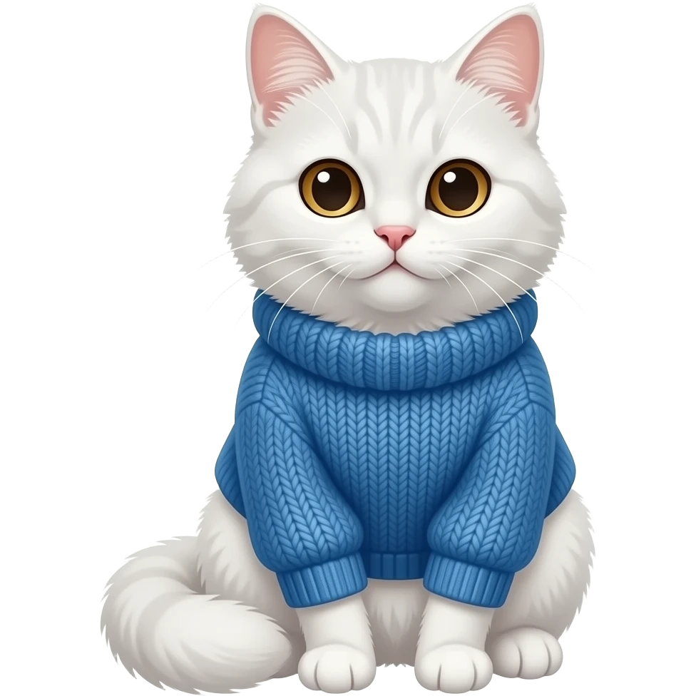 a sitting ladylike fluffy white cat with brown eyes in a blue sweater emoji