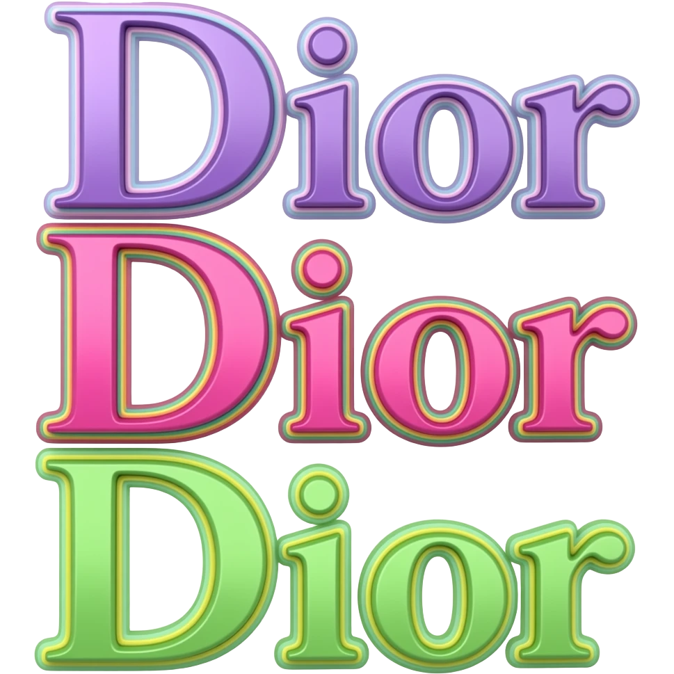 name "Dior" in purple hot pink lime green 3D style typography lettering, each color of the rainbow as a border outlined around each letter, isolated, 3d rendering, no emoji icons no emoji faces and must have no human figures emoji
