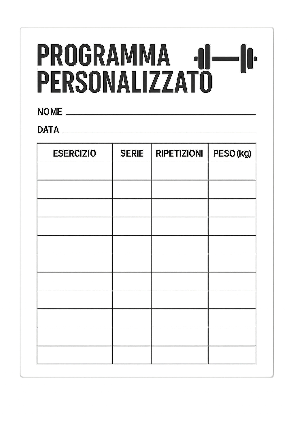 Scheda di allenamento di palestra con scritto "Programma Personalizzato" emoji