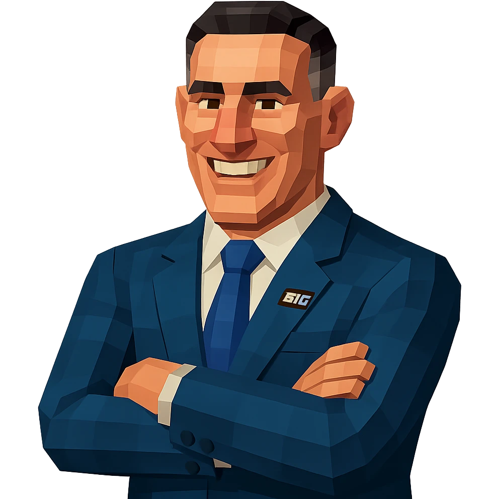 Create a detailed, realistic 3D illustration of the person in the reference image (Tony Petitti, Big Ten commissioner), facing forward, from the waist up, wearing a blue suit with a blue tie and no pocket square. The style is a lifelike 3D character illustration with accurate facial likeness, rendered in a low poly 3D style. Transparent background, not a photo but a 3D rendered look. emoji