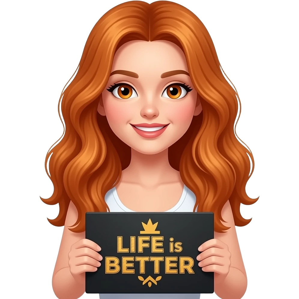 sexy girl with long wavy ginger hair and ginger eyes wearing a white tanktop is holding a black colored sign with LIFE is BETTER with a GINGER written on it emoji
