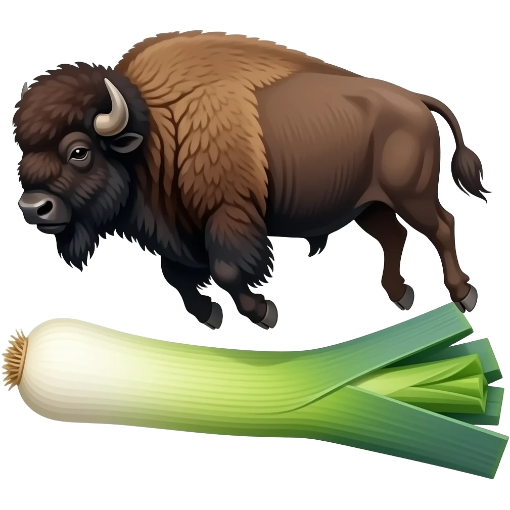wisent or bison with leek - make two of those items visible in the emoji. Wisent can be displayed as flying on a leek emoji