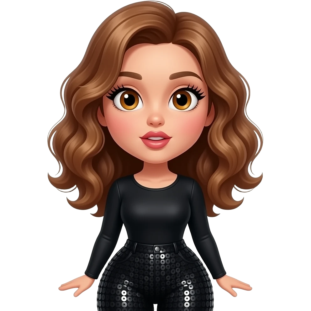 glamours,-tanned,-very-beautiful-girl,-with-big-pump-peach-beige-rose-lips,-long-long-lashes,-honey-silky-very short- hair,-wavy-hair,-hazel-eyes-in-black-long-sleeves-bodysuit-black sequinned pants-excited happy- from waist up. emoji